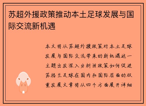 苏超外援政策推动本土足球发展与国际交流新机遇