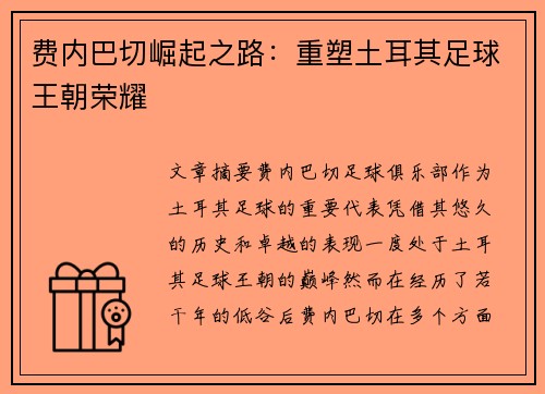 费内巴切崛起之路：重塑土耳其足球王朝荣耀